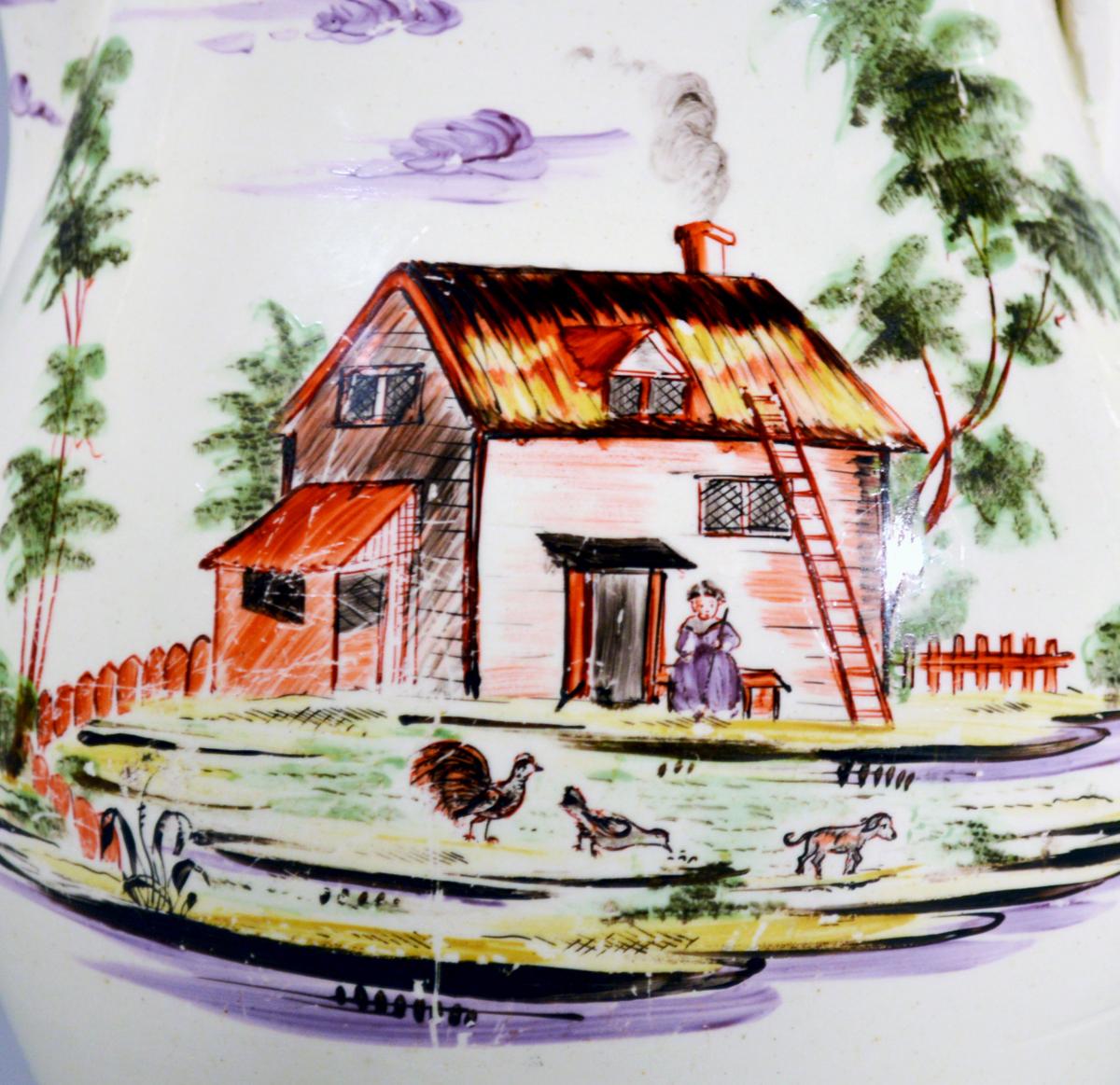 English Creamware Large Jug Decorated with Rustic Scenes of Farm Buildings and Farm Animals, Staffordshire or Yorkshire, Circa 1785