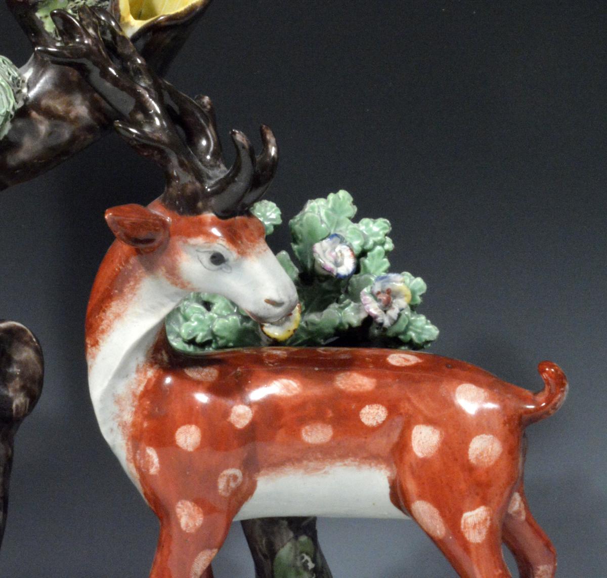 Staffordshire Pearlware Double Deer Park Spill Vase Pottery Group,  Circa 1820-30.