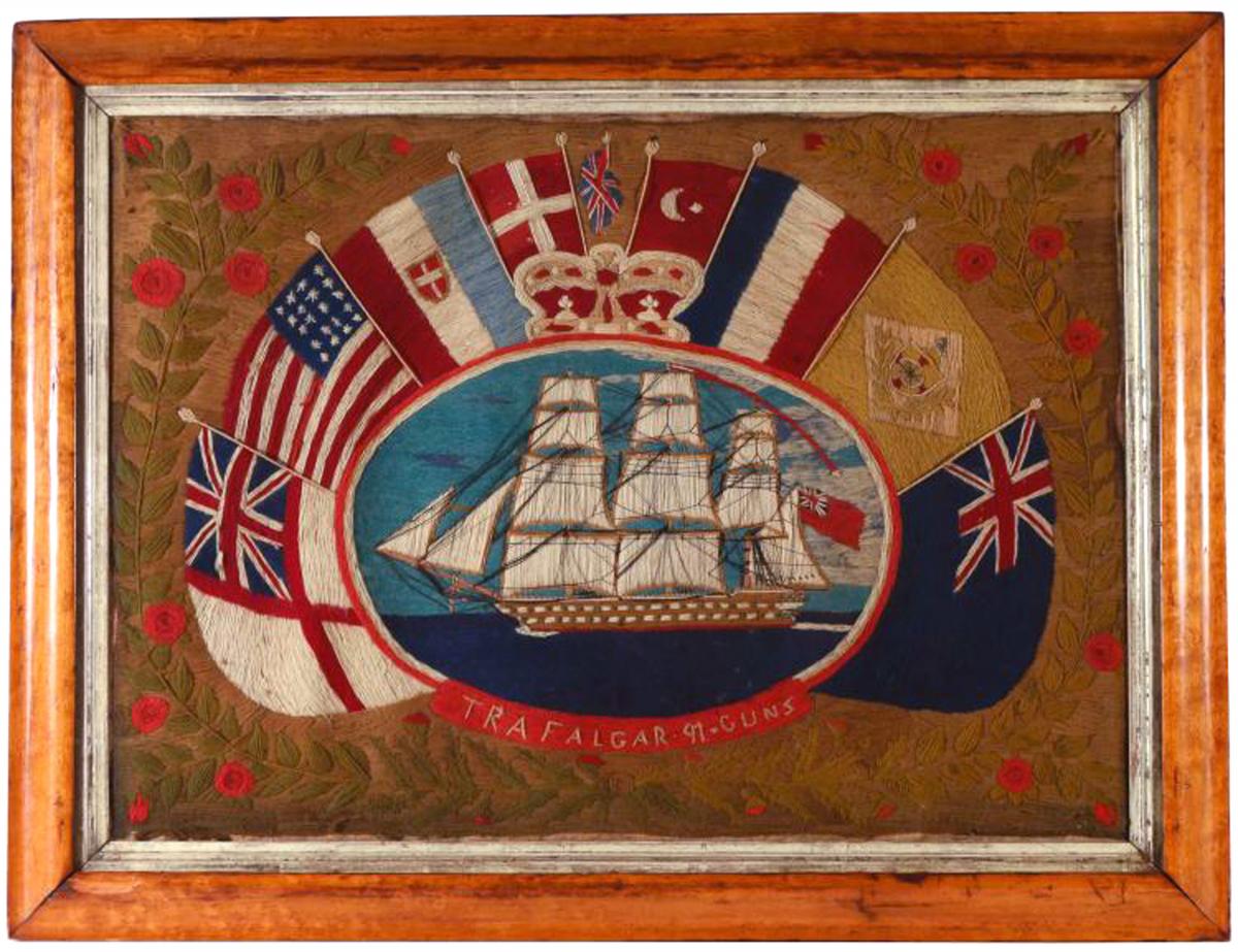 British Sailor's Flag of Nations Woolwork, HMS Trafalgar, 91 Guns, Circa 1865.