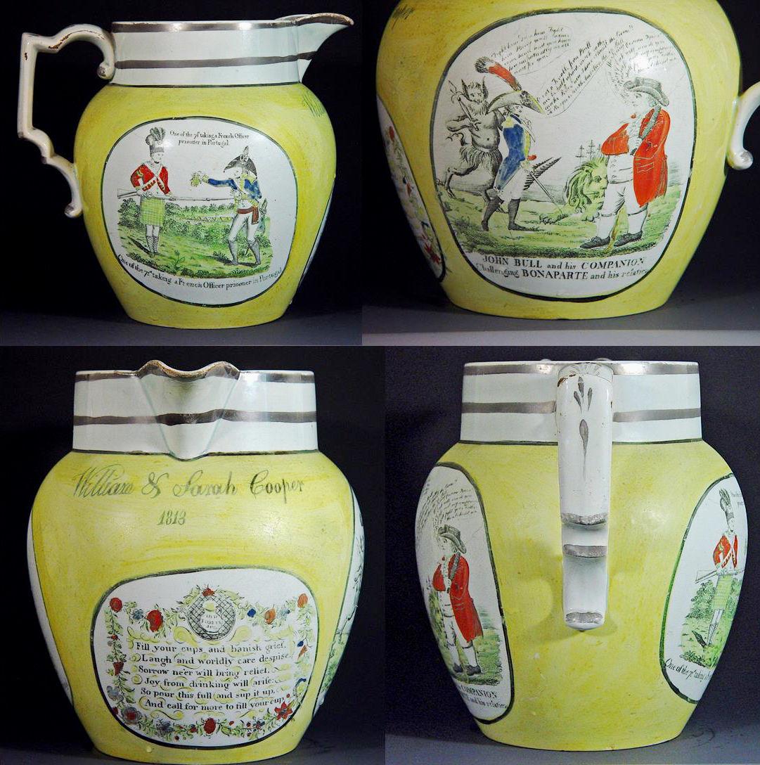 Antique English Pearlware Yellow Ware Regency Documentary Napoleonic Jug, Dated 1813