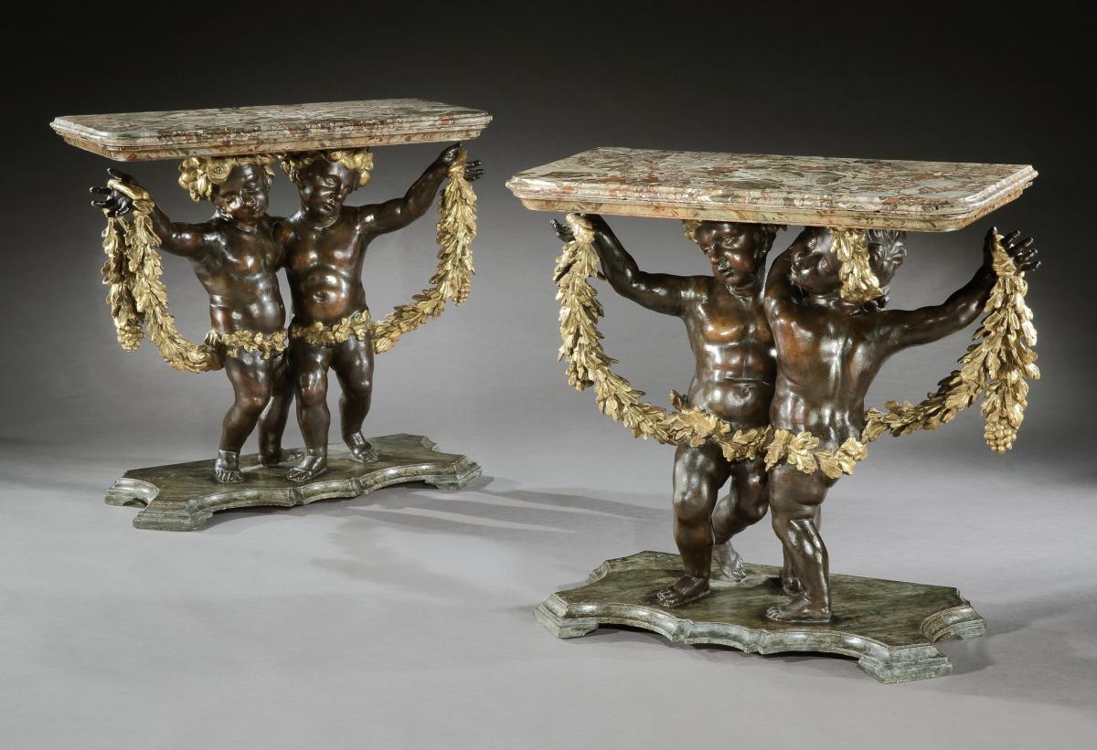 Pair of 18th Century Italian Roman Giltwood and Ebonised Console Tables Italy Rome Circa 1750