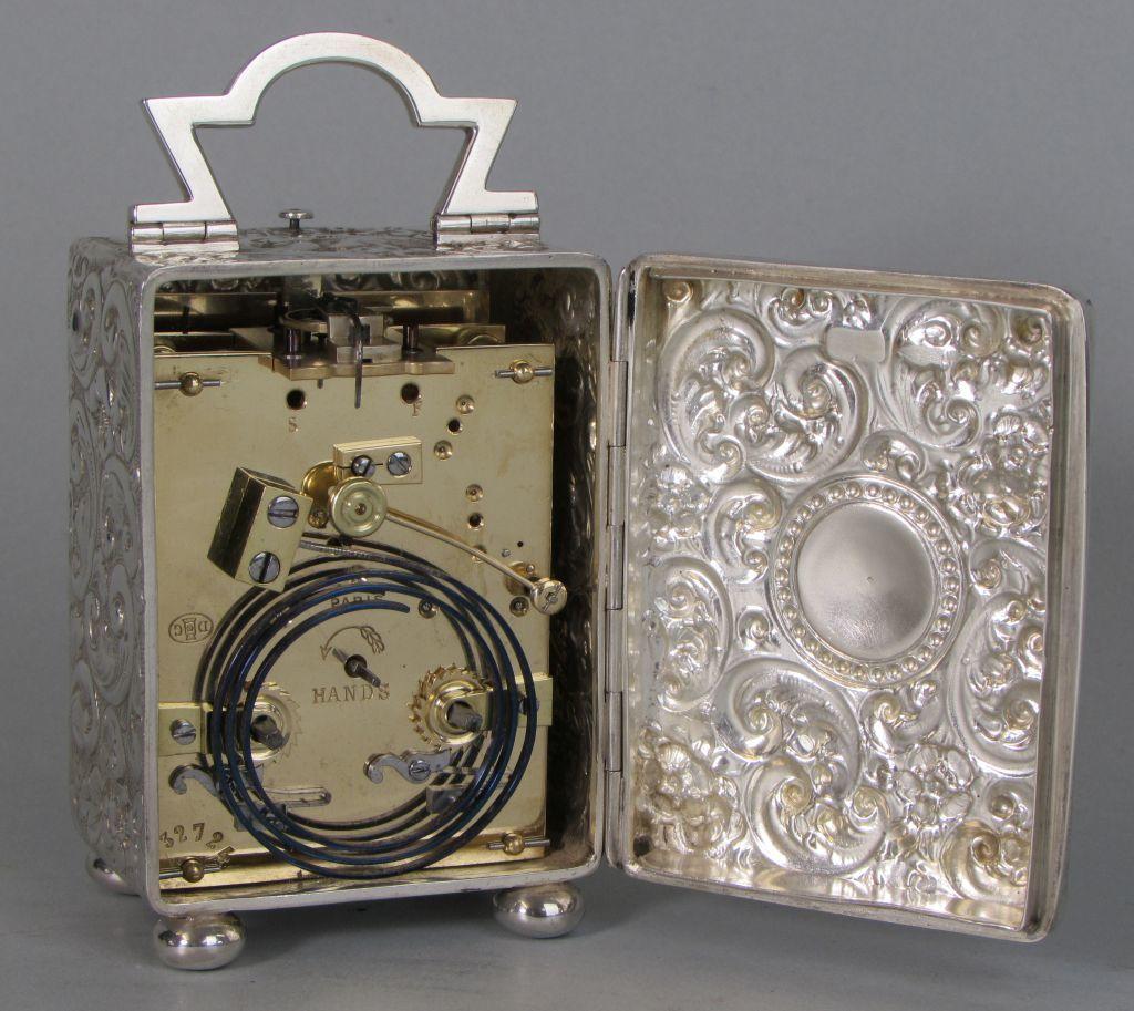 Drocourt, Paris: A silver carriage clock with Macrea case