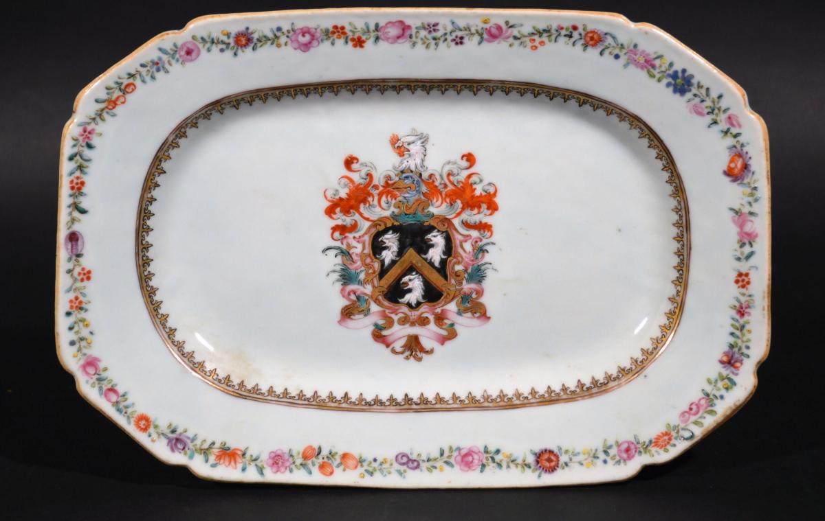 Chinese Export Porcelain Armorial Dish with the Coat of Arms of Skinner, Circa 1750.