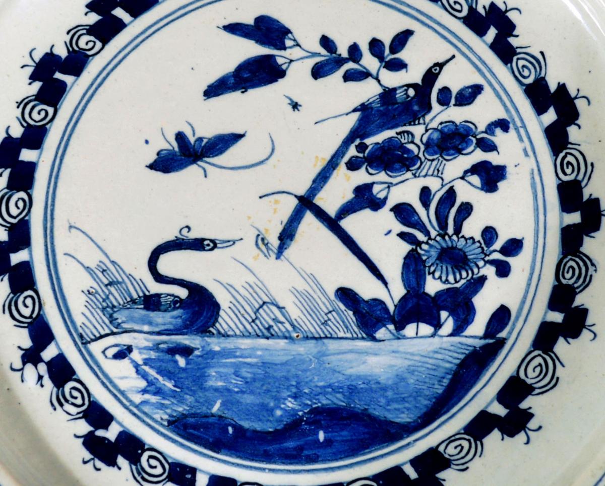 English Delftware Underglaze Blue Dish with Swan, Possibly Bristol,  Circa 1740.