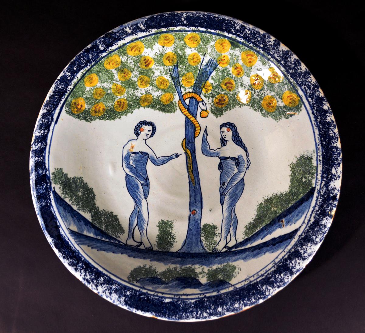 Bristol Delftware Adam & Eve Dish, The Temptation, (Redcliff Back), Circa 1745-55.