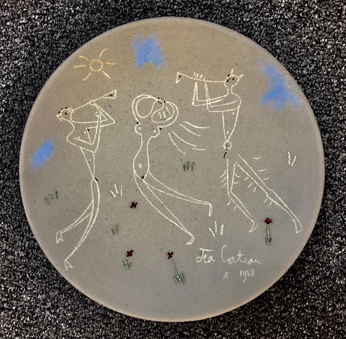 Danseuse et Musiciens, Jean Cocteau Terracotta Pottery Dish, Signed & Dated By Jean Cocteau 1958