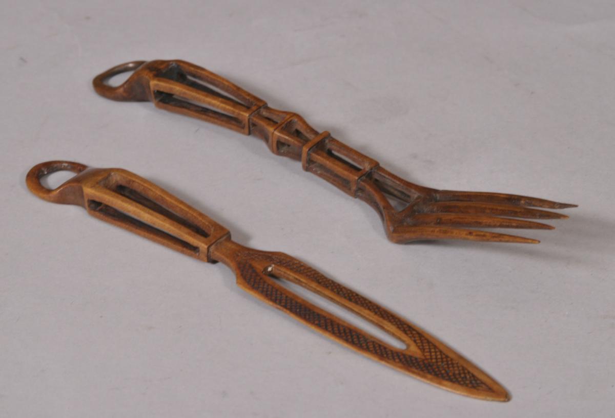 S/3001 Antique Treen 19th Century Fruitwood Knife and Fork