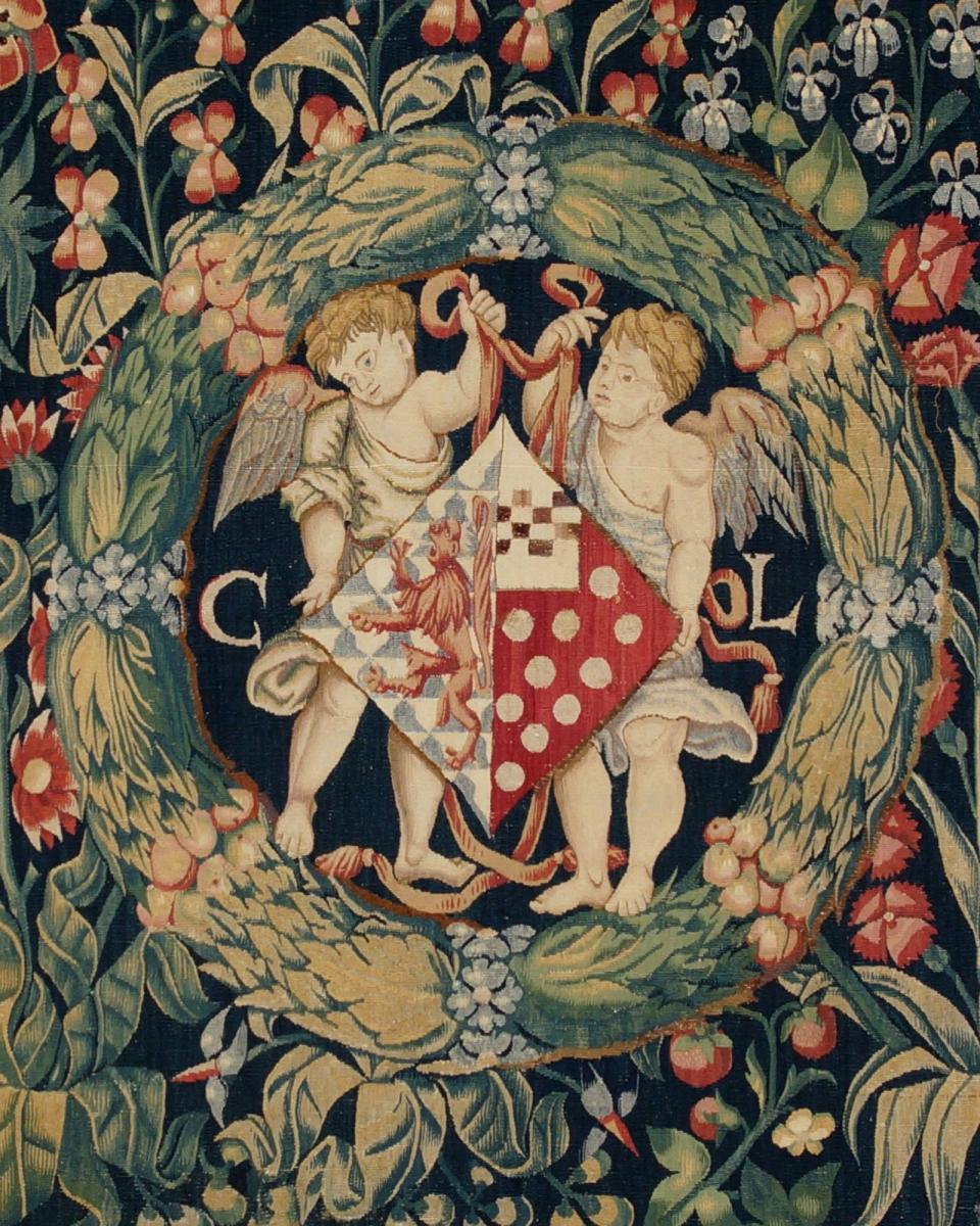 A Millefleurs Tapestry with the coat of arms and initials of Christine de Lechy   Wool and silk  Flemish, attributed to Bruges, 