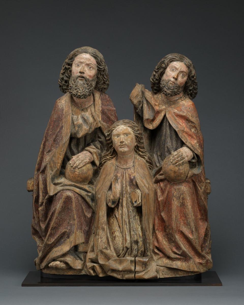 Coronation of the Virgin  Limewood, with original polychrome and traces of gilding  Southern Germany, Swabia, c. 1500
