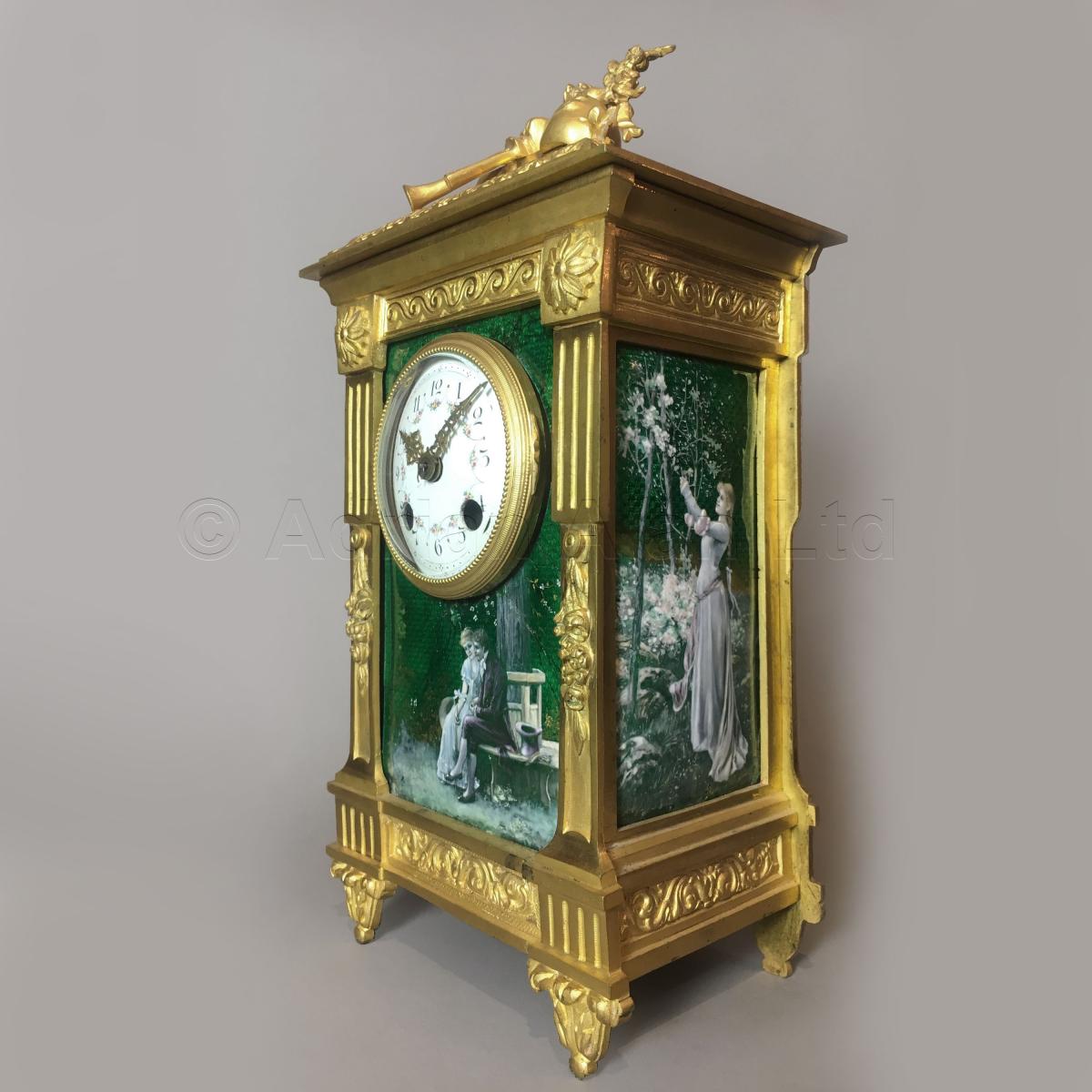 A Fine Louis XVI Style Gilt-Bronze and Green Enamel Mantel Clock