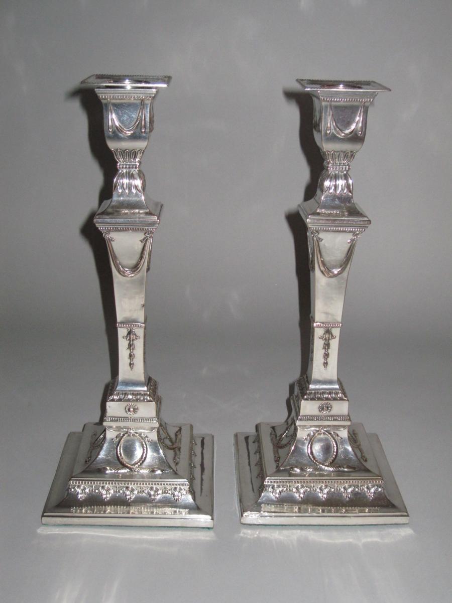Pair of 18th Century Old Sheffield Plate Silver Candlesticks, Circa 1780