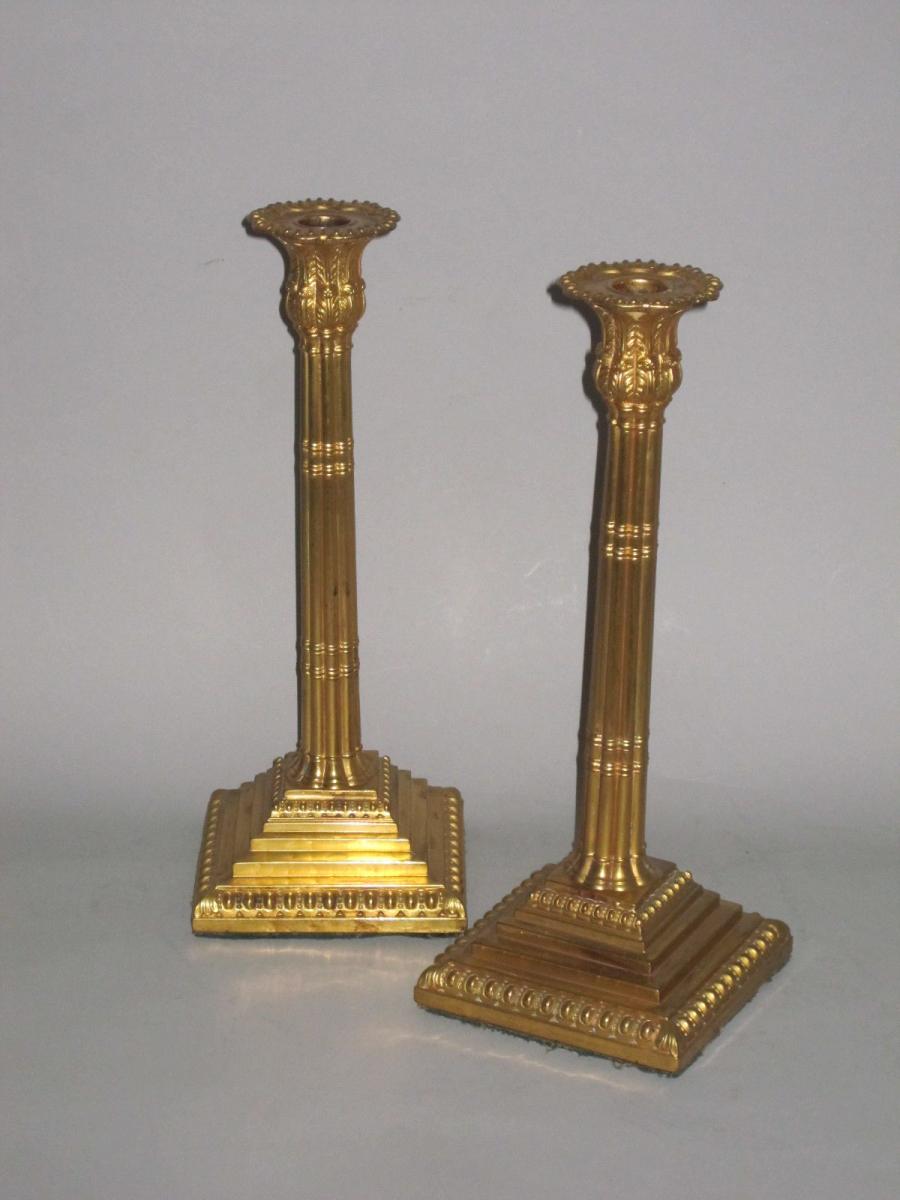 RARE MERCURIAL GILDED OLD SHEFFIELD PLATE CANDLESTICKS. BY JOHN HOYLAND & CO