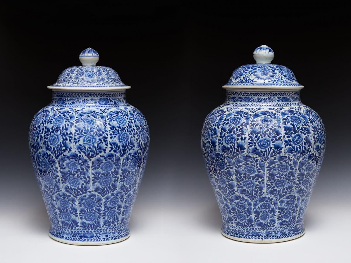 Large Pair of Chinese Export Porcelain Baluster Jars and Covers, Circa 1700