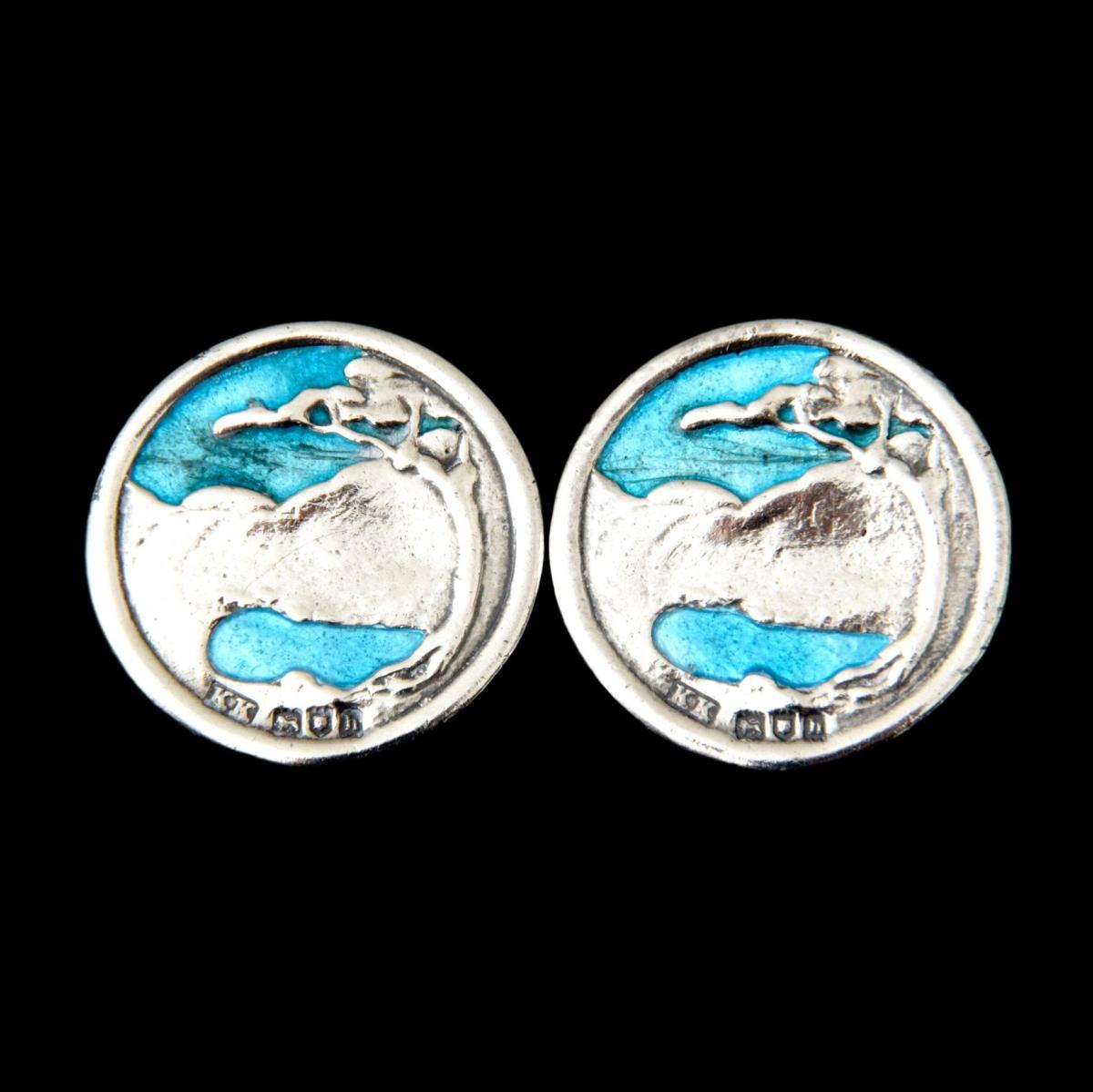 A rare Kate Harris pair of silver and enamel button earrings