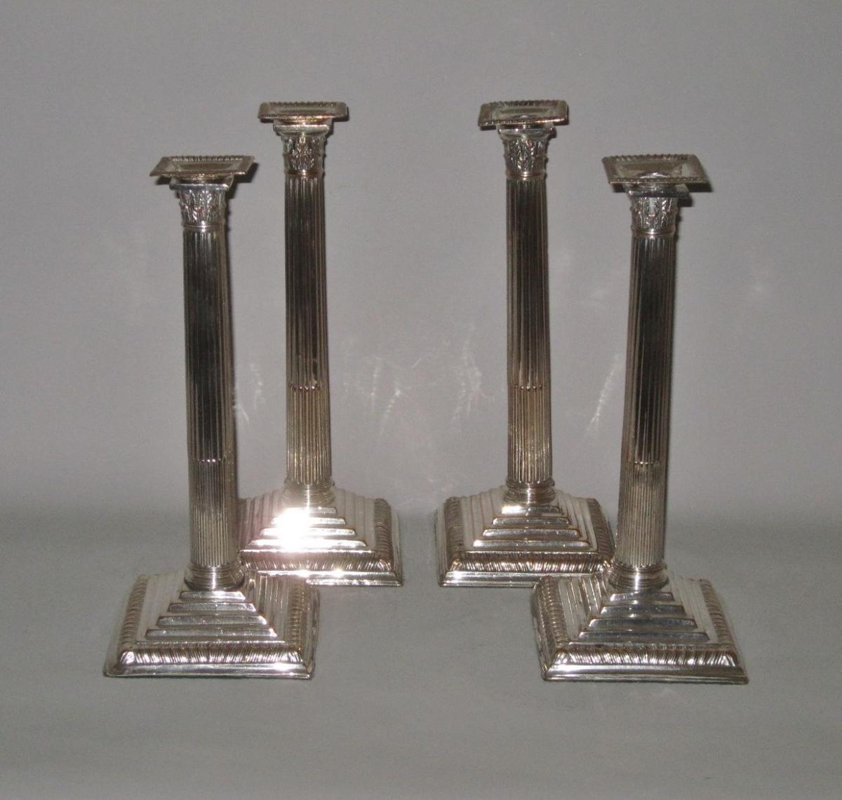 Set of four old Sheffield plate silver candlesticks. Circa 1765
