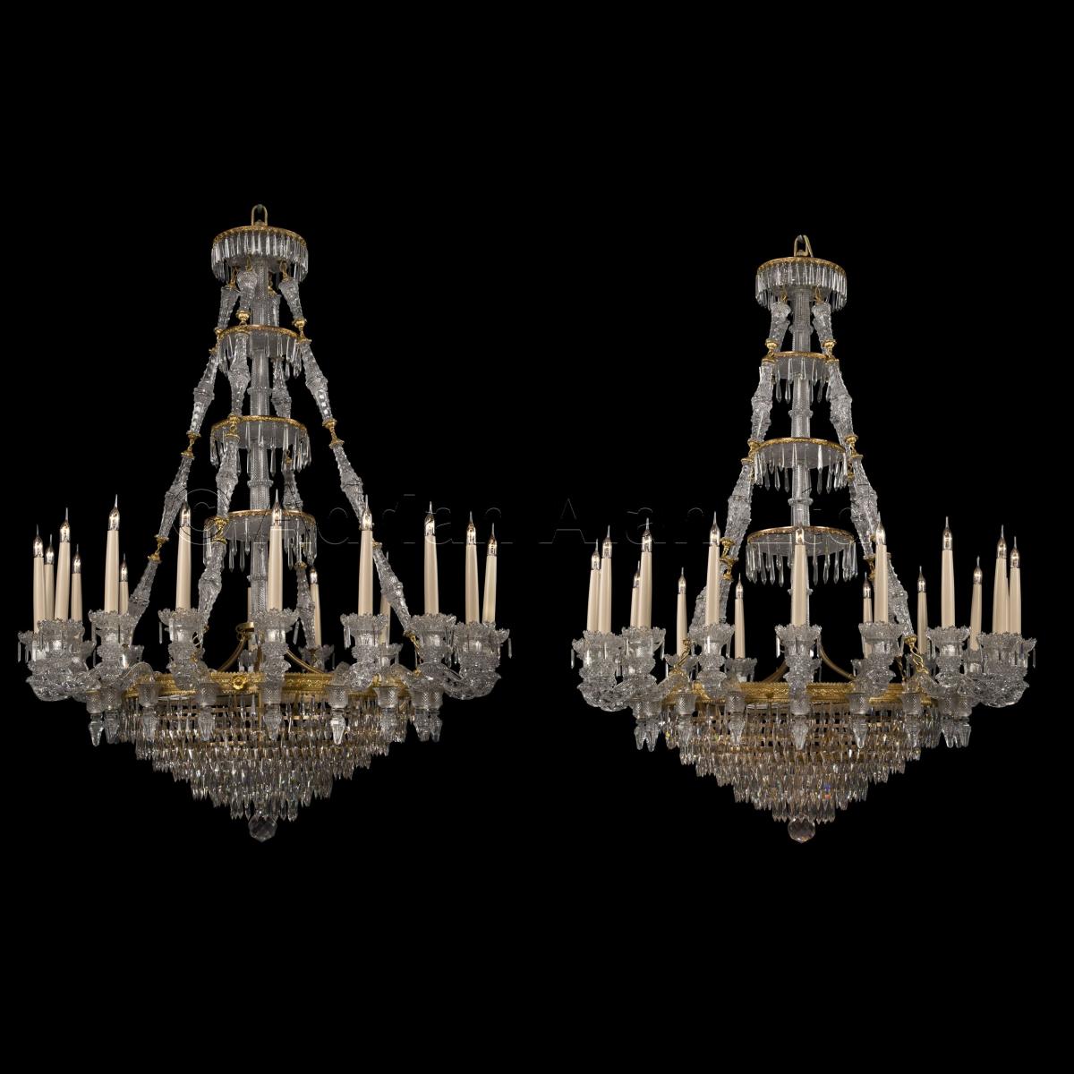 An Important Pair of Eighteen-Light Engraved Glass Chandeliers By Baccarat ©AdrianAlanLtd