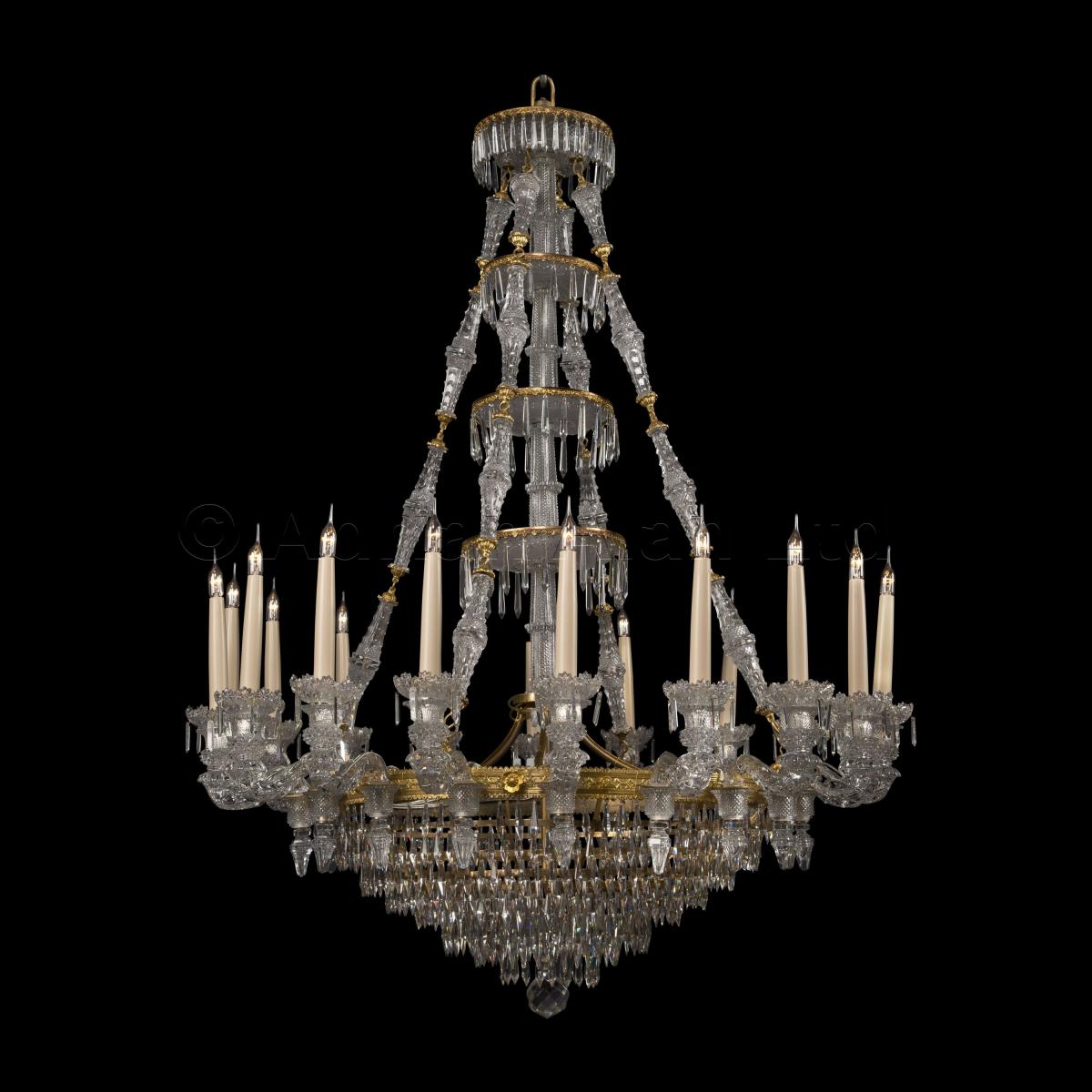 An Important Pair of Eighteen-Light Engraved Glass Chandeliers By Baccarat
