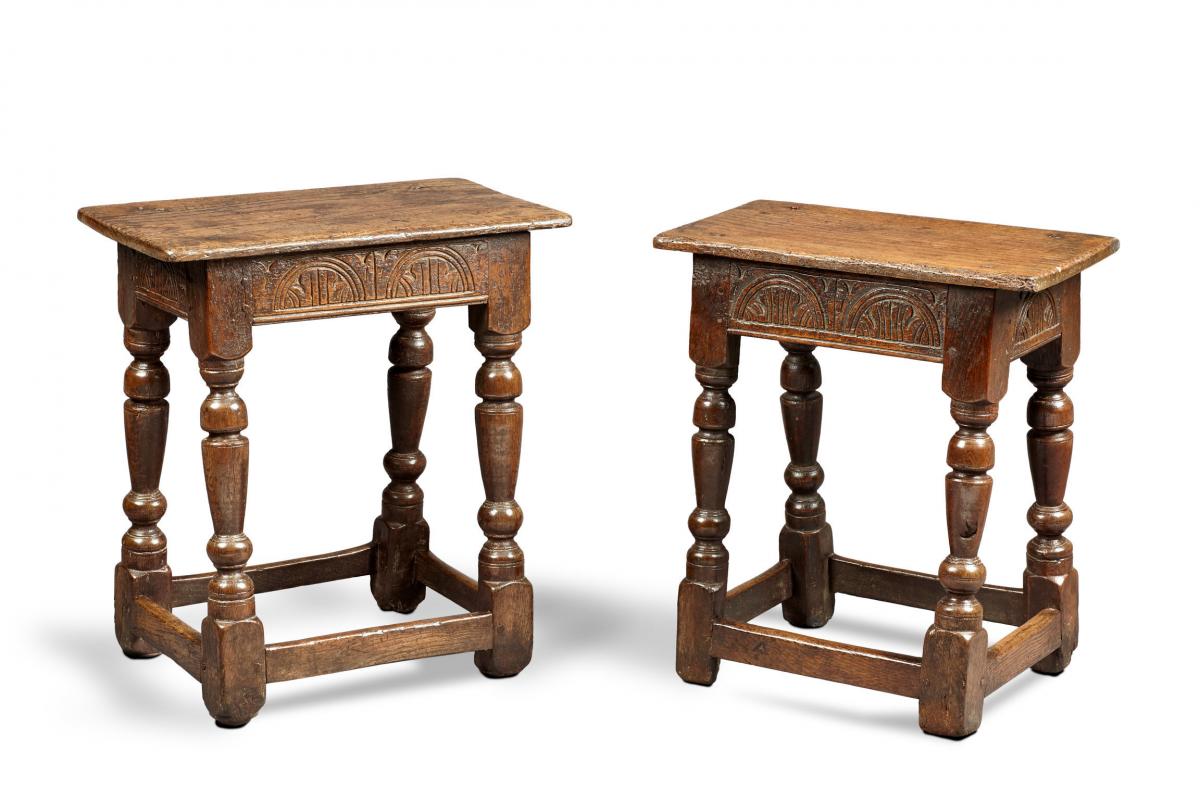 A Near Pair of Charles I Oak and Elm Joined Stools