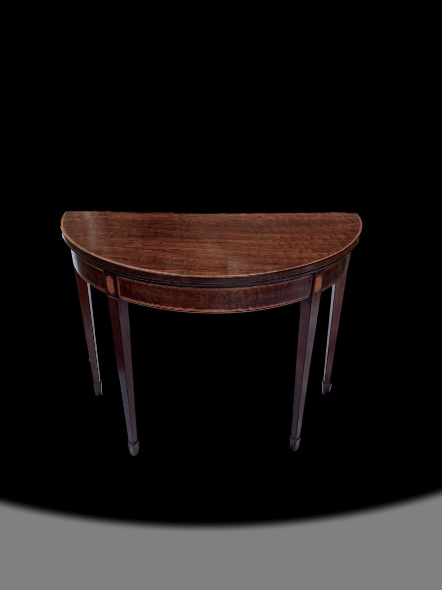 George III demi lune card table in fiddleback mahogany