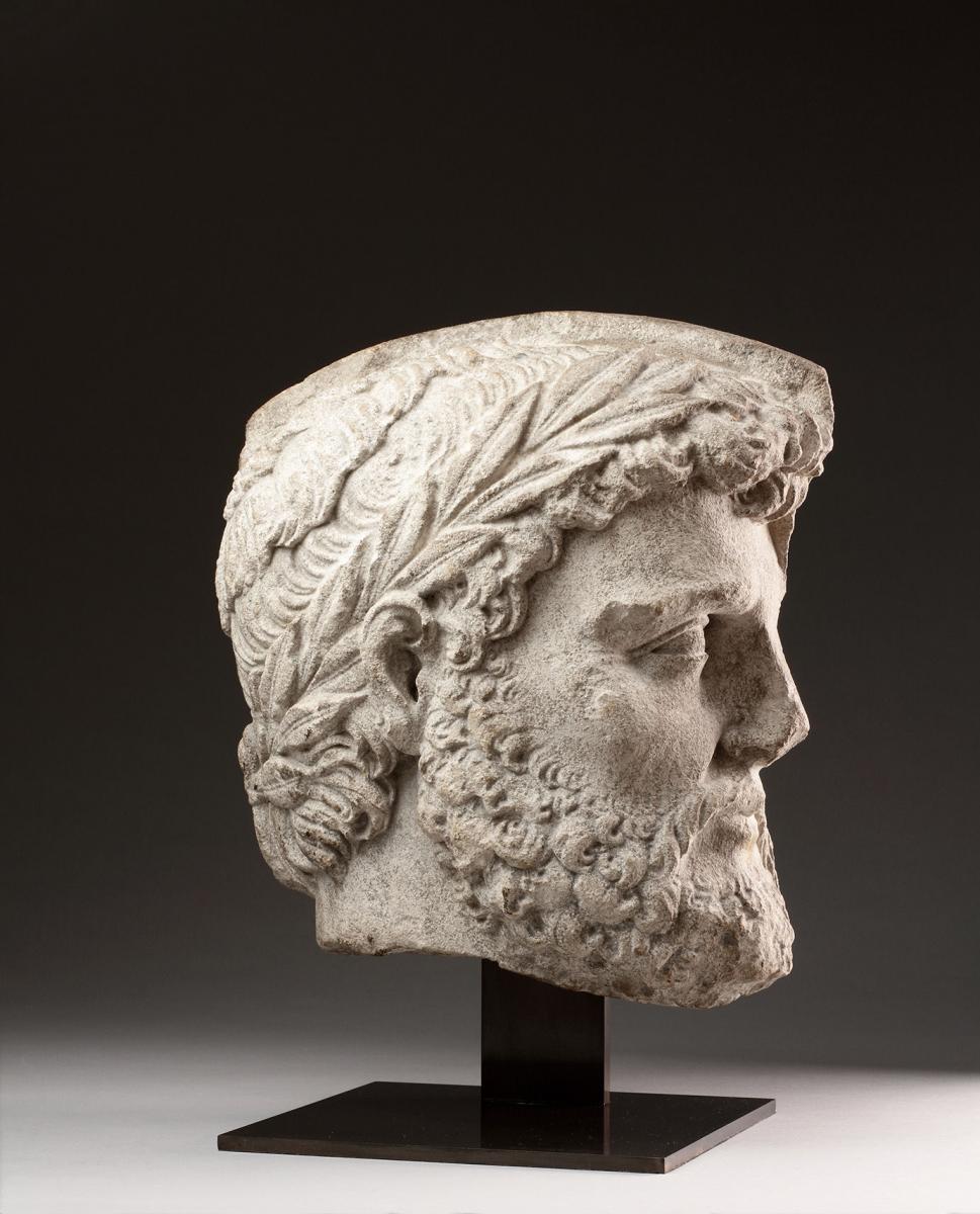 Florentine Renaissance Carved Limestone Architectural Relief Fragment Depicting a Hadrianic Head