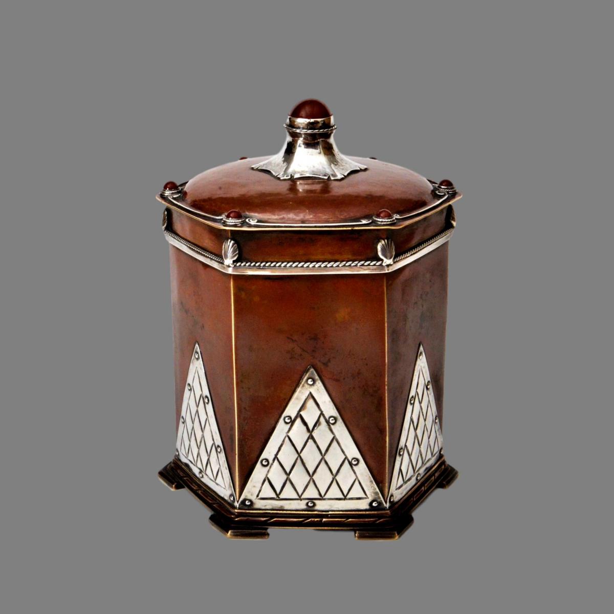 Arts and crafts copper, silver, agate tea caddy
