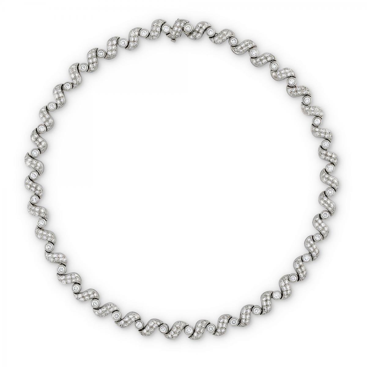 1960's Brilliant cut diamond collet and scroll link necklace