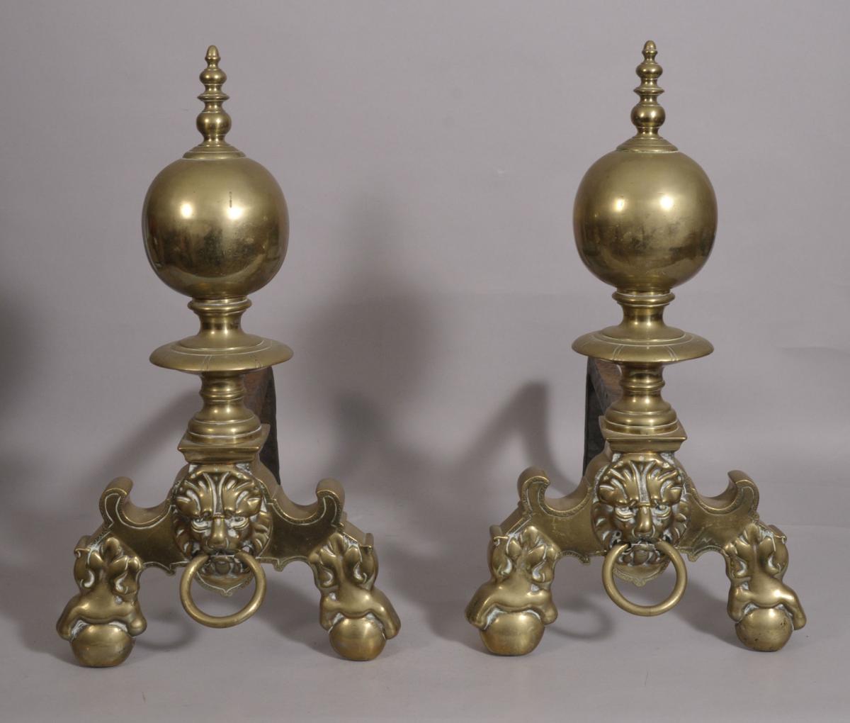 S/3389 Antique 19th Century Pair of Brass Andirons (Fire Dogs)