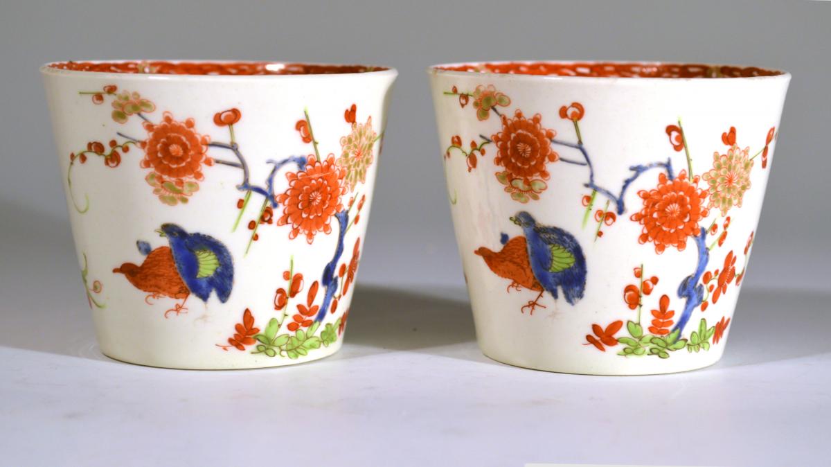 First Period Worcester Porcelain Beakers with Kakiemon Double Quail Design