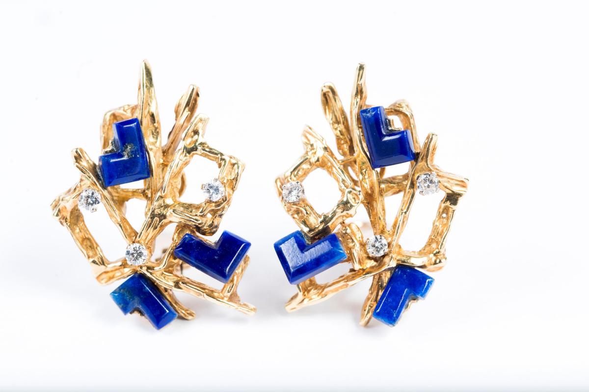 Kutchinsky Gold Earrings set with Lapis Lazuli circa 1960