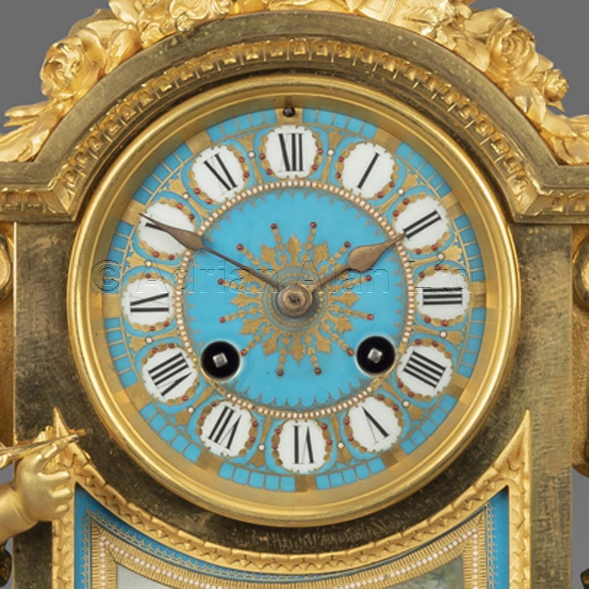 Napoléon III Gilt-Bronze and Turquoise Porcelain Clock Garniture