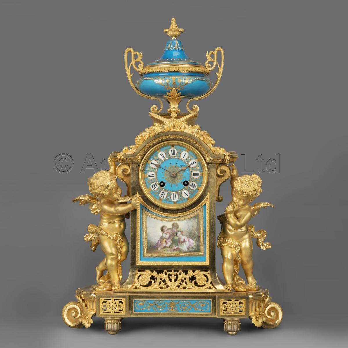 Napoléon III Gilt-Bronze and Turquoise Porcelain Clock Garniture