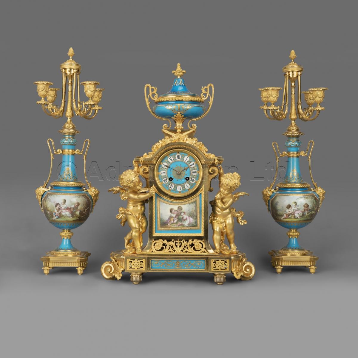 Napoléon III Gilt-Bronze and Turquoise Porcelain Clock Garniture ©AdrianAlanLtd