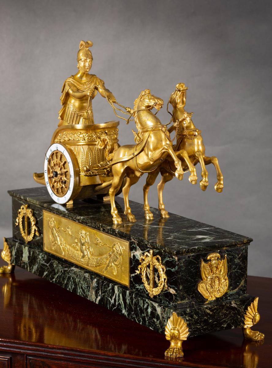 French Ormolu and Marble Chariot Table Clock
