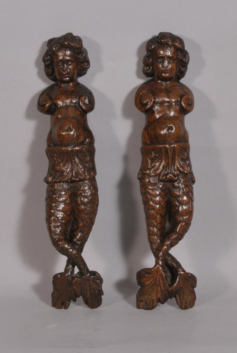 S/3530 Antique Pair of 17th Century Carved Oak Caryatids