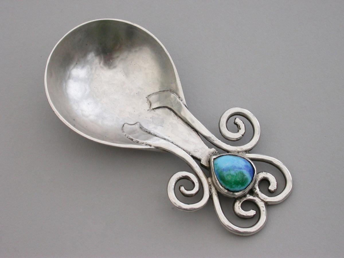 Arts and Crafts Cast Silver Caddy Spoon. By Ramsden & Carr, London, 1909
