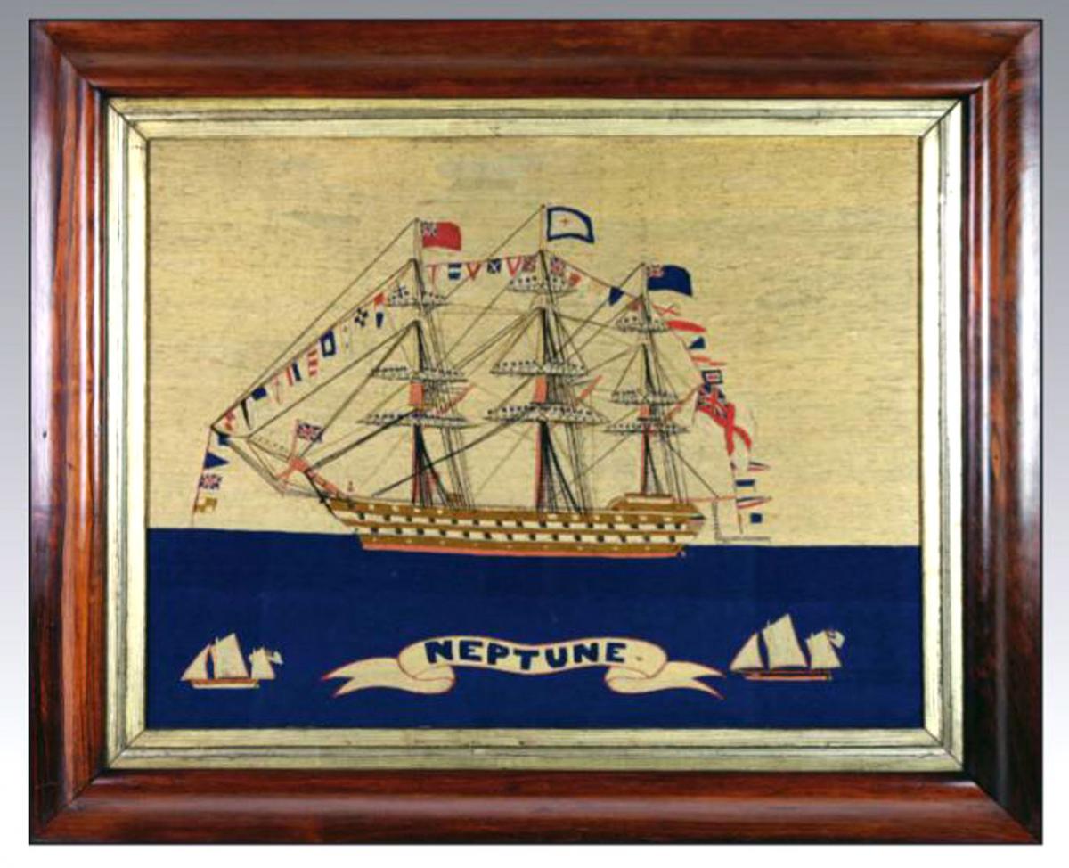 Sailor's Woolwork of HMS Neptune Fully Dressed with Sailors on the Yardarms,  Circa 1865