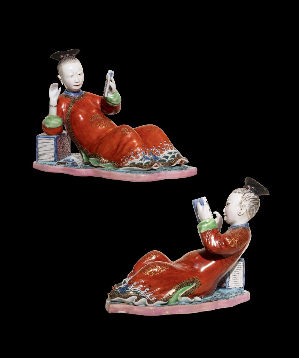 Pair of Chinese porcelain nodding head figures of reclining ladies