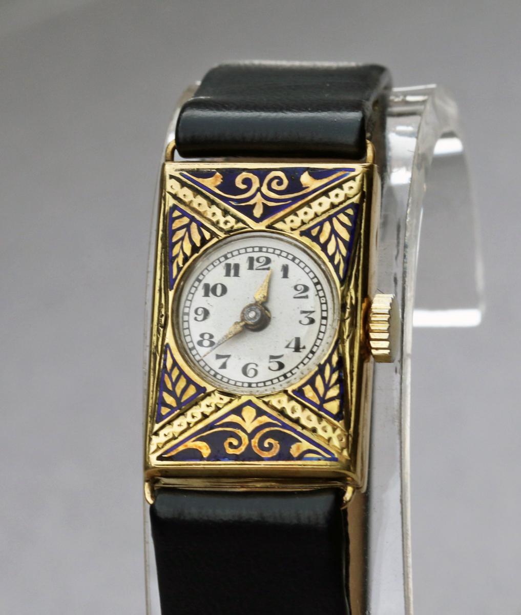  ART DECO Enamelled Gold Wristwatch