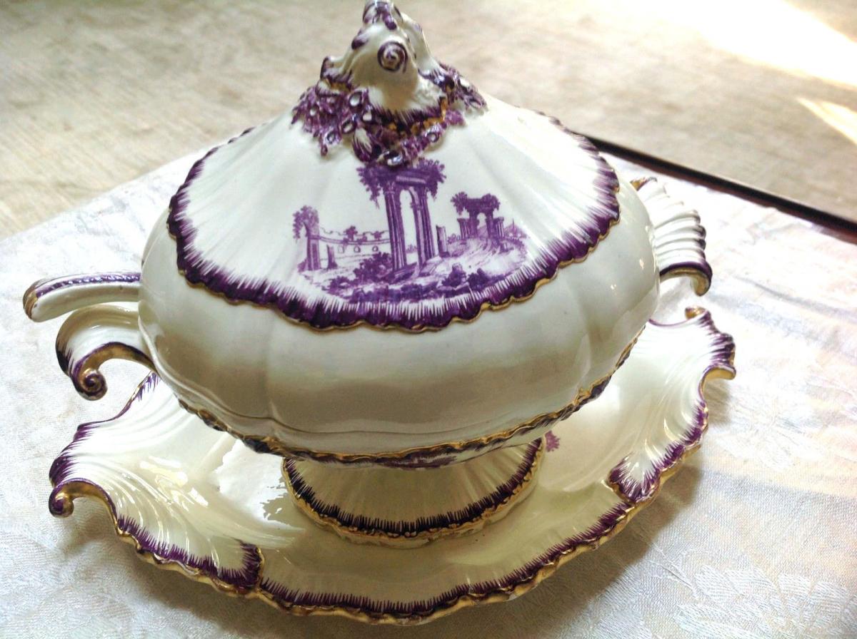 Antique English Neale & Co Creamware Puce-decorated Sauce Tureen, Cover, Stand and Ladle.