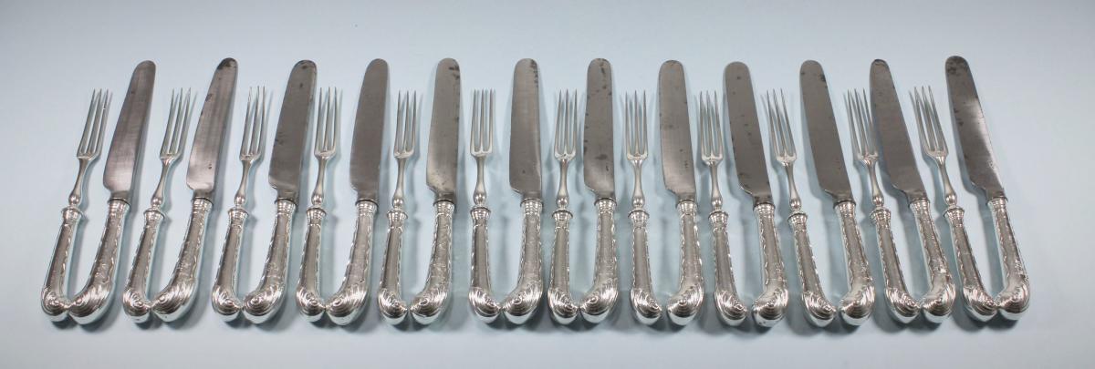 GEORGE II 12 Sterling Silver Pistol Handled Dessert Forks and Knives. Circa 1745