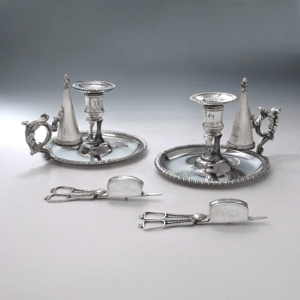 A Pair of George III Antique English Silver Chambersticks