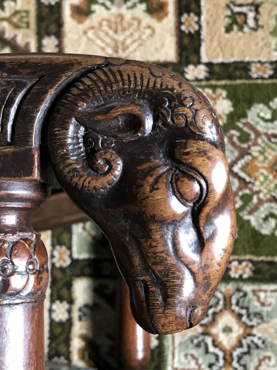 An exceptionally rare, pair of French, Renaissance, walnut fauteuils with ram mask carvings, de-accessioned National Galleries o