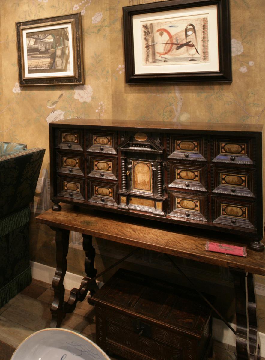 17th century Italian pietra paesina mounted walnut ebony ebonised table cabinet