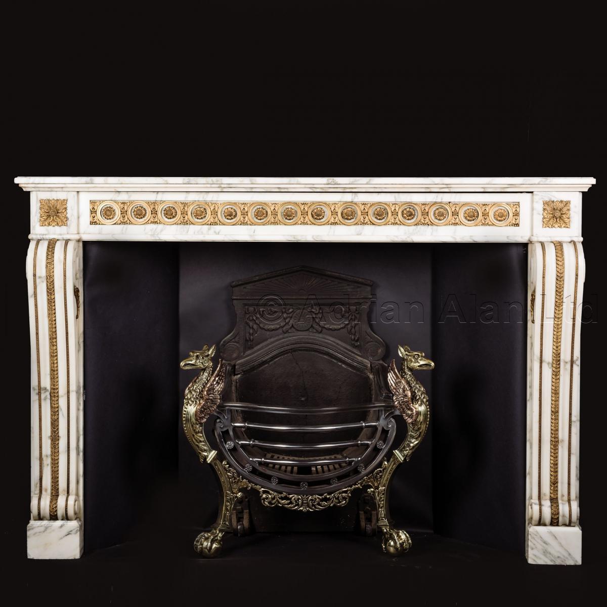 Louis XVI Style Gilt-Bronze Mounted Grey Veined White Marble Fireplace