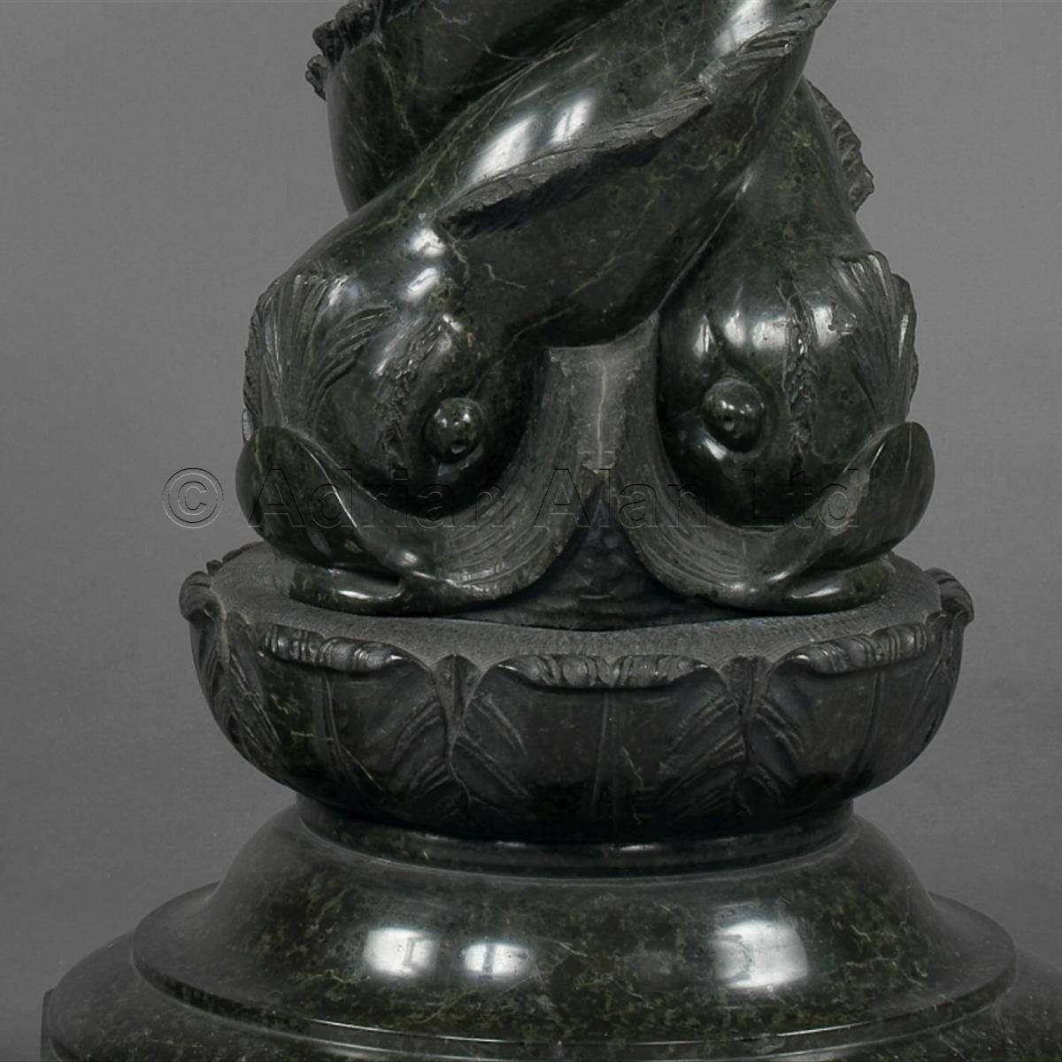 Green Serpentine Marble Pedestals, Carved With Entwined Dolphins