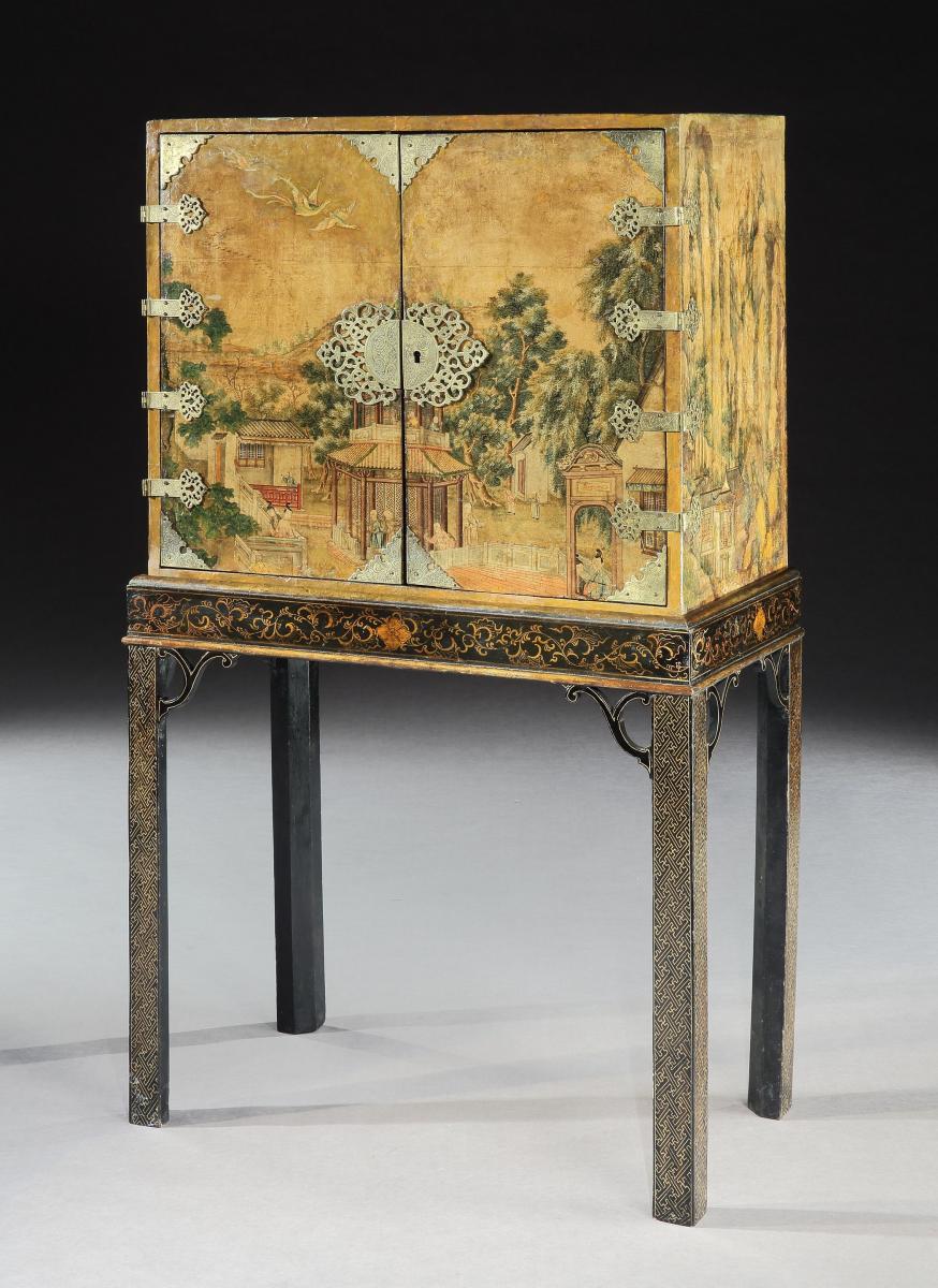 Rare 18th Century Chinese Wallpaper Covered Cabinet on Stand