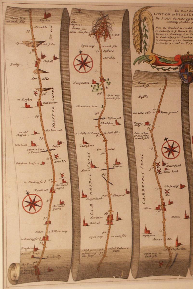 A road map from Britannia,1675/6. The road from London to Kings Lynn, showing Royston to Downham