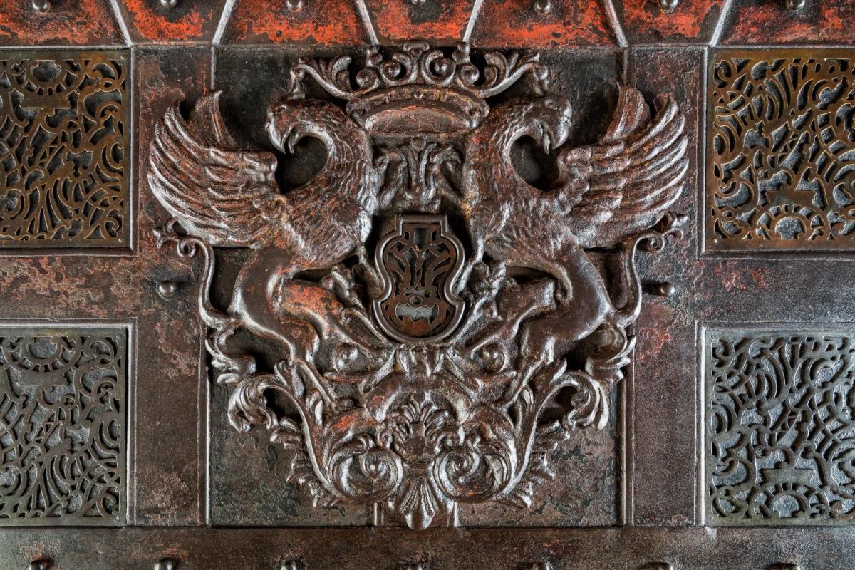 A Massive Iron Casket Inset with Brass Fretwork Panels, c. 1740     