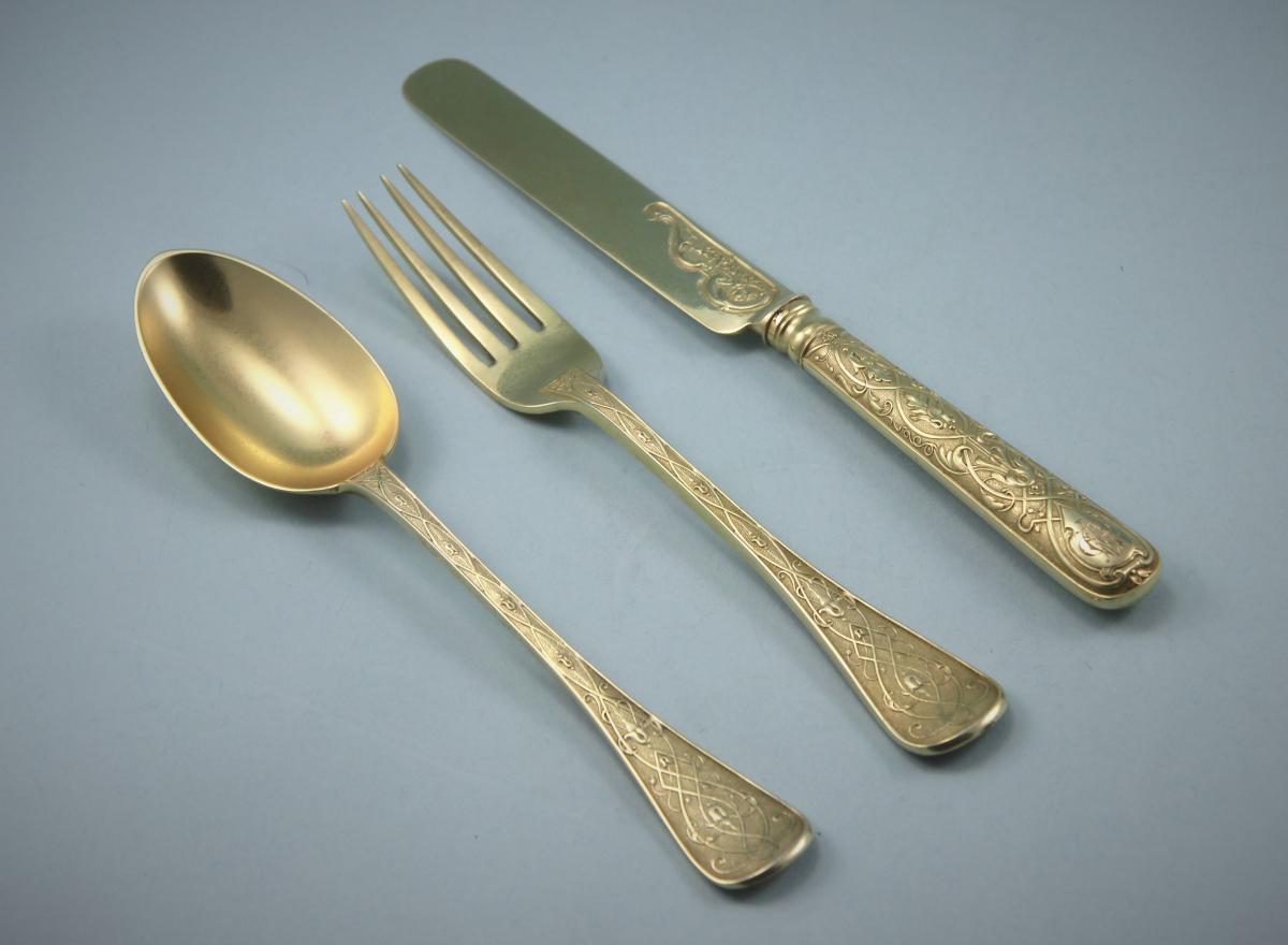 VICTORIAN Silver Gilt Elizabethan Pattern Child's Set by Francis Higgins. London 1867