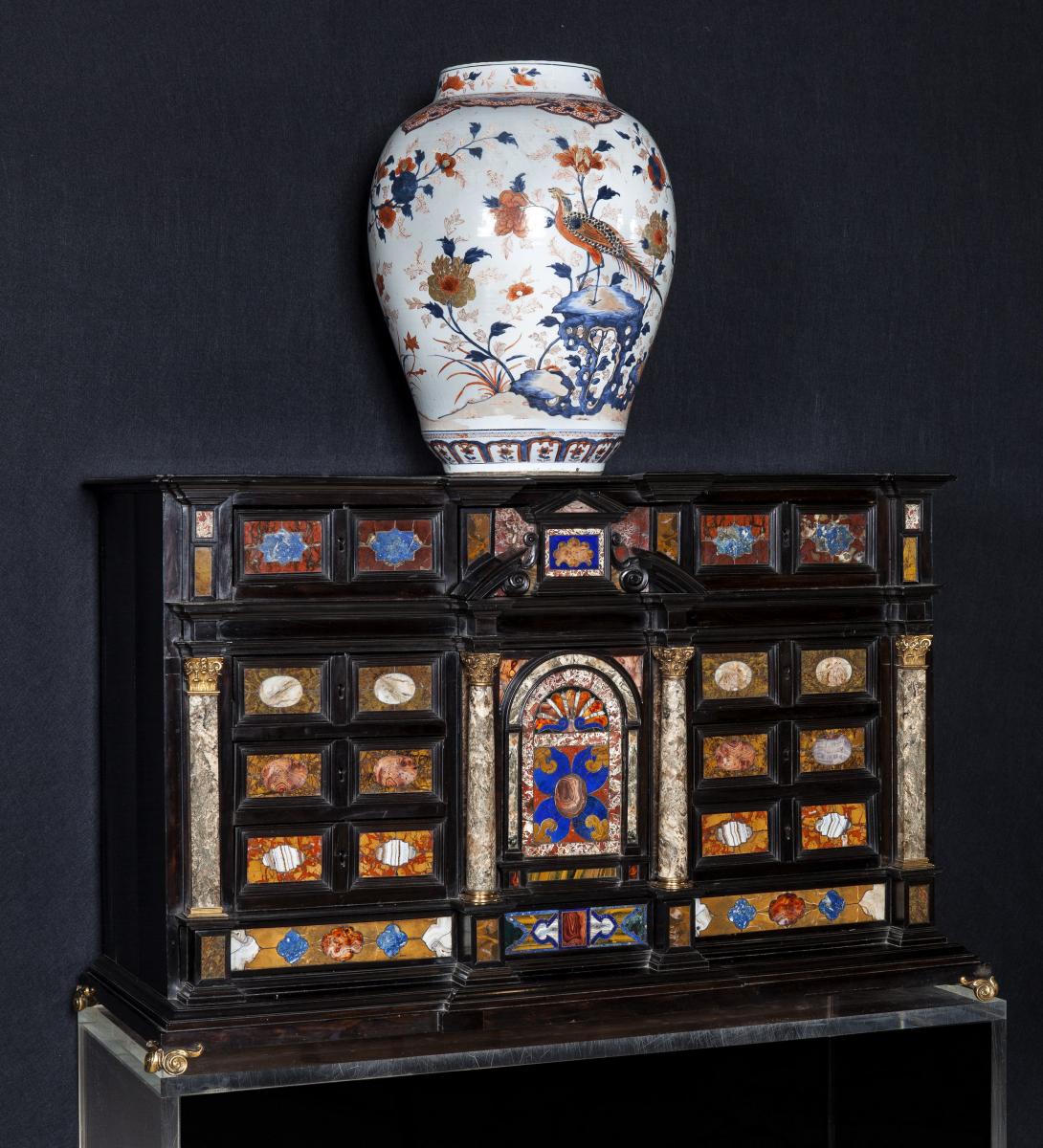 17TH CENTURY ITALIAN GILT -BRONZE - PIETRE DURE AND MARBLE MOUNTED EBONY CABINET